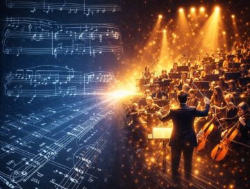 IMAGE: IMAGE A contrast between written sheet music with a live orchestra in performance, symbolizing the difference between static representations and AI systems that understand and respond to real-world dynamics