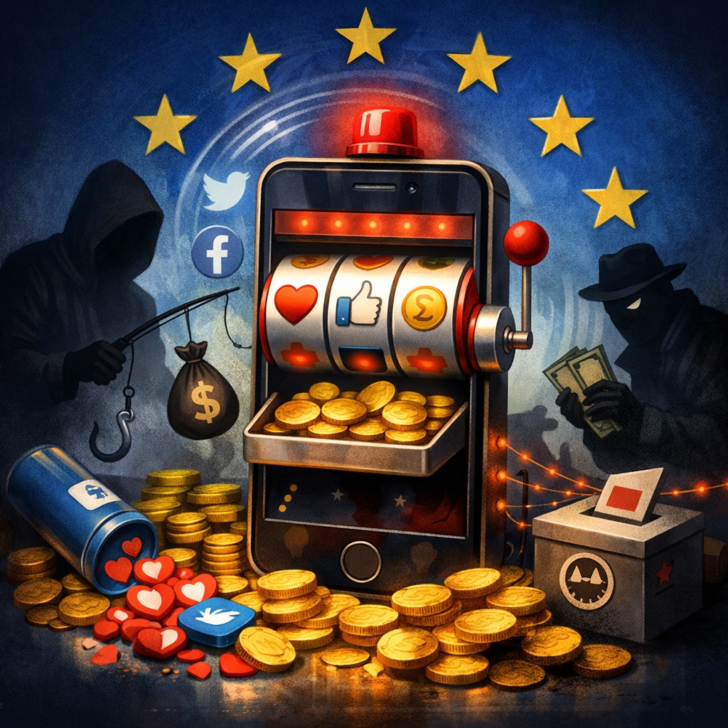 IMAGE: A smartphone designed as a slot machine overflowing with gold coins, surrounded by dark hooded figures and scam symbols, all set against a backdrop of the European Union flag, symbolizing the link between social media, addiction, fraud, and profit 