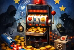 IMAGE: A smartphone designed as a slot machine overflowing with gold coins, surrounded by dark hooded figures and scam symbols, all set against a backdrop of the European Union flag, symbolizing the link between social media, addiction, fraud, and profit