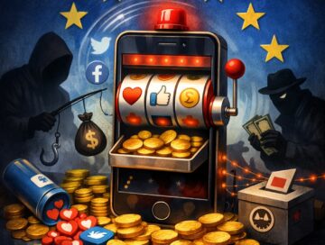 IMAGE: A smartphone designed as a slot machine overflowing with gold coins, surrounded by dark hooded figures and scam symbols, all set against a backdrop of the European Union flag, symbolizing the link between social media, addiction, fraud, and profit