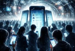 IMAGE: A crowd of people illuminated by glowing smartphones, surrounded by swirling streams of data, symbolizing mass data extraction and algorithmic control in social networks