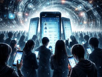 IMAGE: A crowd of people illuminated by glowing smartphones, surrounded by swirling streams of data, symbolizing mass data extraction and algorithmic control in social networks