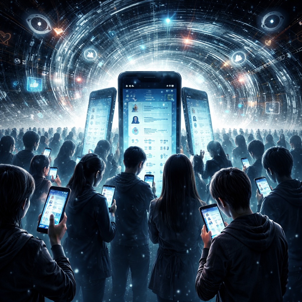 IMAGE: A crowd of people illuminated by glowing smartphones, surrounded by swirling streams of data, symbolizing mass data extraction and algorithmic control in social networks