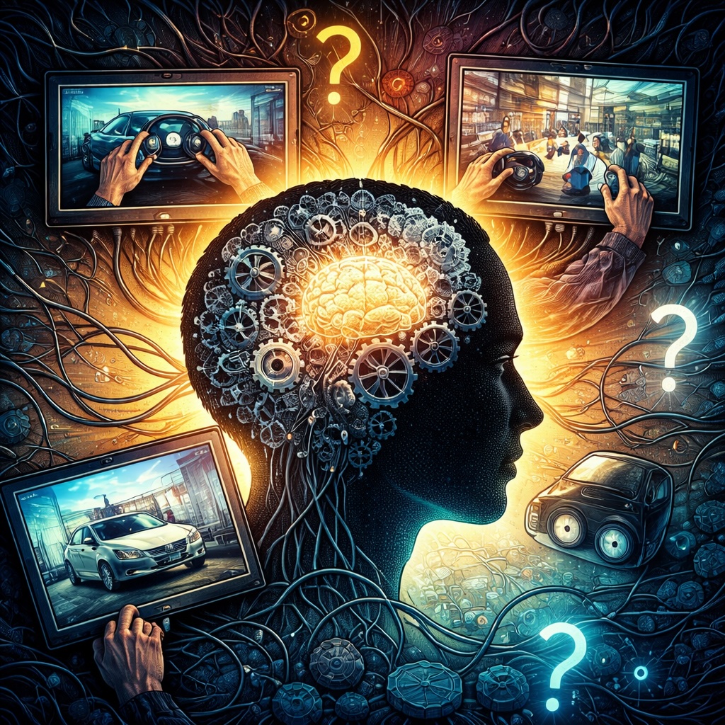 IMAGE: A stylized human head filled with gears and glowing circuits surrounding a very small brain, surrounded by screens showing a self-driving car and a cashier-free store, symbolizing how technological myths and misunderstandings take shape 