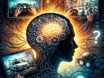 IMAGE: A stylized human head filled with gears and glowing circuits surrounding a very small brain, surrounded by screens showing a self-driving car and a cashier-free store, symbolizing how technological myths and misunderstandings take shape