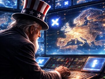 IMAGE: An allegorical Uncle Sam sits in a high-tech control room filled with glowing screens showing a digital map of Europe, symbolizing U.S. surveillance and influence over global information networks