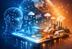 IMAGE: A glowing digital platform connects abstract data flows with a simplified industrial landscape, suggesting an AI system modeling and understanding the real world rather than just processing text