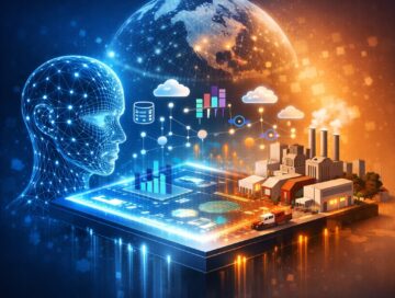 IMAGE: A glowing digital platform connects abstract data flows with a simplified industrial landscape, suggesting an AI system modeling and understanding the real world rather than just processing text