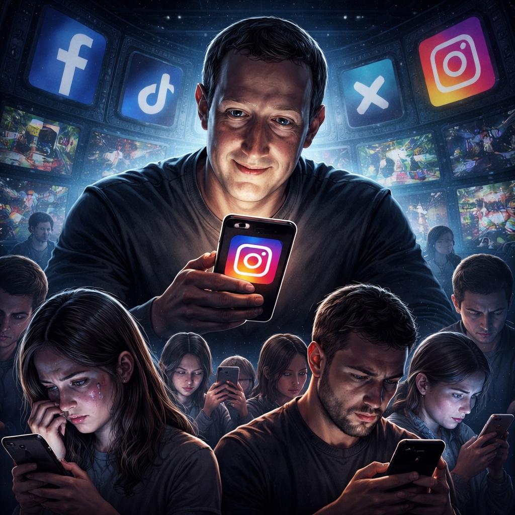 IMAGE: A dark, square illustration showing Mark Zuckerberg illuminated by the glow of a smartphone displaying the Instagram logo, looming above a crowd of distressed teens and adults staring at their phones, surrounded by floating social media icons 
