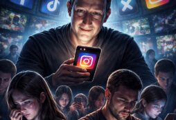 IMAGE: A dark, square illustration showing Mark Zuckerberg illuminated by the glow of a smartphone displaying the Instagram logo, looming above a crowd of distressed teens and adults staring at their phones, surrounded by floating social media icons