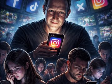 IMAGE: A dark, square illustration showing Mark Zuckerberg illuminated by the glow of a smartphone displaying the Instagram logo, looming above a crowd of distressed teens and adults staring at their phones, surrounded by floating social media icons