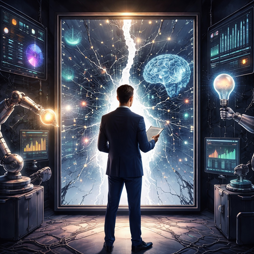 IMAGE: A business executive stands before a glowing, fractured mirror filled with neural networks and data streams, symbolizing AI exposing the hidden structure of corporate strategy
