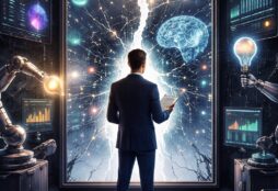 IMAGE: A business executive stands before a glowing, fractured mirror filled with neural networks and data streams, symbolizing AI exposing the hidden structure of corporate strategy