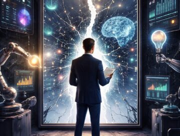 IMAGE: A business executive stands before a glowing, fractured mirror filled with neural networks and data streams, symbolizing AI exposing the hidden structure of corporate strategy