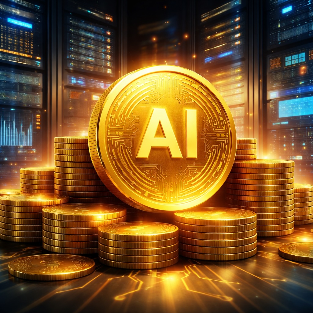 IMAGE: A glowing golden coin labeled “AI” surrounded by stacks of coins in a futuristic data center filled with illuminated servers
