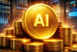 IMAGE: A glowing golden coin labeled “AI” surrounded by stacks of coins in a futuristic data center filled with illuminated servers