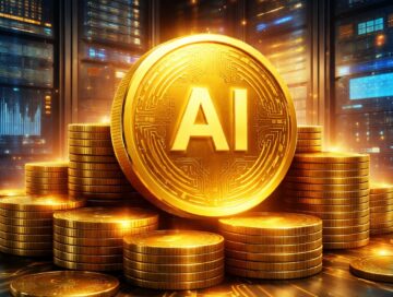 IMAGE: A glowing golden coin labeled “AI” surrounded by stacks of coins in a futuristic data center filled with illuminated servers