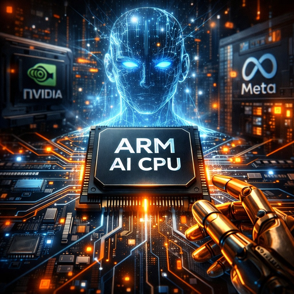 IMAGE: A futuristic AI-themed scene with a glowing processor chip at the center, surrounded by digital circuits, a robotic hand, and a holographic human face symbolizing artificial intelligence 