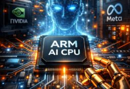 IMAGE: A futuristic AI-themed scene with a glowing processor chip at the center, surrounded by digital circuits, a robotic hand, and a holographic human face symbolizing artificial intelligence