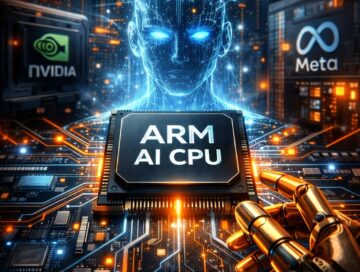 IMAGE: A futuristic AI-themed scene with a glowing processor chip at the center, surrounded by digital circuits, a robotic hand, and a holographic human face symbolizing artificial intelligence