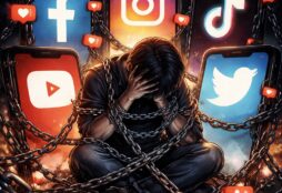 IMAGE: A distressed person sits chained and surrounded by giant glowing social media screens, symbolizing addiction and entrapment