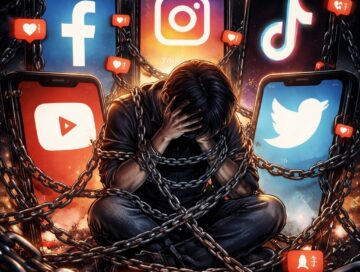 IMAGE: A distressed person sits chained and surrounded by giant glowing social media screens, symbolizing addiction and entrapment
