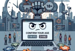 IMAGE: A cartoon laptop whose screen has a severe face that asks “Your age?” Above the screen are two large, watchful robotic eyes and an outstretched robotic hand holding a key with a “18+” symbol. In the background, there is a complex, futuristic city and a subtle, large clock face indicating constraints and time