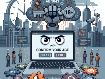 IMAGE: A cartoon laptop whose screen has a severe face that asks “Your age?” Above the screen are two large, watchful robotic eyes and an outstretched robotic hand holding a key with a “18+” symbol. In the background, there is a complex, futuristic city and a subtle, large clock face indicating constraints and time