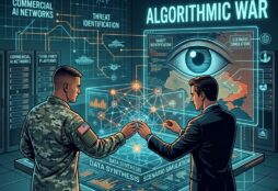IMAGE: A soldier and a civilian are shown standing at a futuristic holographic command console in a modern, tech-filled command center, under the prominent text title "THE ALGORITHMIC WAR." They are interacting with complex data visualizations, including a large digital eye on a background screen, illustrating the intersection of military operations and AI technology
