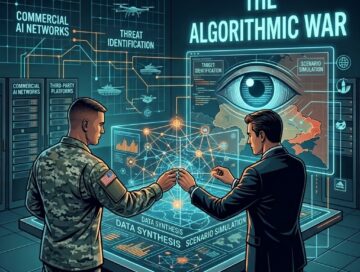 IMAGE: A soldier and a civilian are shown standing at a futuristic holographic command console in a modern, tech-filled command center, under the prominent text title "THE ALGORITHMIC WAR." They are interacting with complex data visualizations, including a large digital eye on a background screen, illustrating the intersection of military operations and AI technology