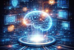 IMAGE: A glowing digital brain floating above a platform, connected to multiple apps, data streams, and interfaces, symbolizing an AI system orchestrating tools and actions across a network