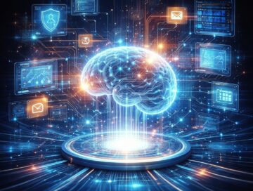 IMAGE: A glowing digital brain floating above a platform, connected to multiple apps, data streams, and interfaces, symbolizing an AI system orchestrating tools and actions across a network
