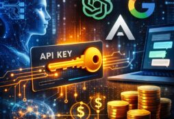 IMAGE: A glowing golden API key card connects through digital circuits to AI model symbols, a laptop interface, and stacks of coins, symbolizing user-controlled access and token-based costs in artificial intelligence platforms