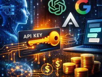 IMAGE: A glowing golden API key card connects through digital circuits to AI model symbols, a laptop interface, and stacks of coins, symbolizing user-controlled access and token-based costs in artificial intelligence platforms