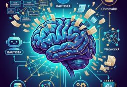 IMAGE: A glowing blue brain is at the center of a complex digital network, connected by light trails to icons labeled with technologies and concepts from the article. On either side, a friendly chat bot named "Bautista" represents the conversational interface. The entire diagram illustrates how a personalized, intelligent knowledge base is built from a user's digital archives, including AI analysis and automated updates