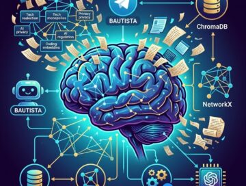 IMAGE: A glowing blue brain is at the center of a complex digital network, connected by light trails to icons labeled with technologies and concepts from the article. On either side, a friendly chat bot named "Bautista" represents the conversational interface. The entire diagram illustrates how a personalized, intelligent knowledge base is built from a user's digital archives, including AI analysis and automated updates