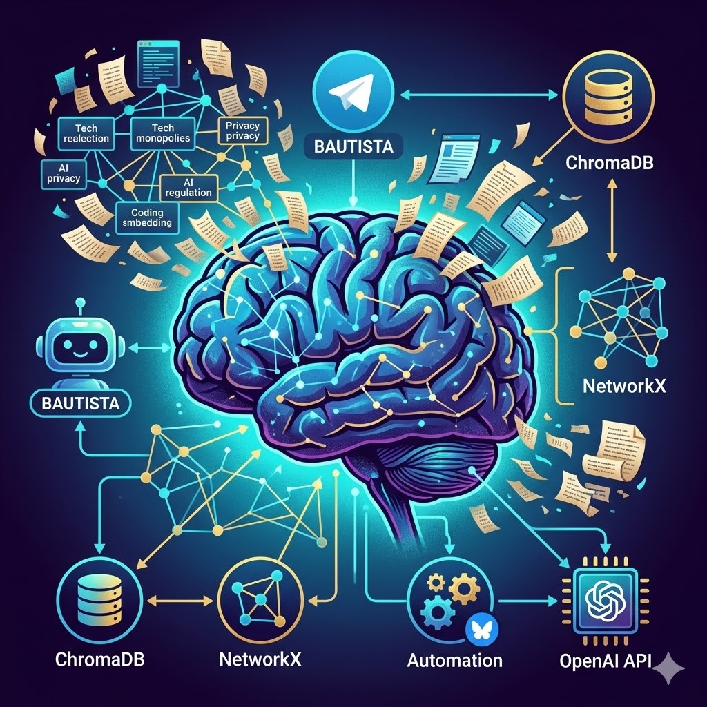 IMAGE: A glowing blue brain is at the center of a complex digital network, connected by light trails to icons labeled with technologies and concepts from the article. On either side, a friendly chat bot named "Bautista" represents the conversational interface. The entire diagram illustrates how a personalized, intelligent knowledge base is built from a user's digital archives, including AI analysis and automated updates