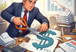 IMAGE: A worried middle-aged manager in a suit sits at a cluttered desk covered with financial reports and charts showing declining performance. He is using an oversized pair of scissors to cut through a large paper dollar sign, symbolizing aggressive cost cutting. Around him are crumpled papers, a calculator, and stacks of documents, reinforcing the sense of panic and misguided attempts to solve deeper problems by simply slashing expenses