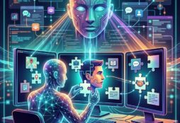 IMAGE: A luminous cyborg-like figure seated at three glowing monitors. From the center monitor, a massive digital head watches, as streams of glowing code and small puzzle pieces—representing details like location, job, or hobbies—connect to form a real-world profile of a human face on the screen