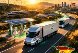 IMAGE: Electric trucks driving on a Spanish highway with charging stations, wind turbines, solar panels, and a train in the background at sunset, symbolizing sustainable transport