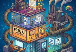 IMAGE: A tiered structure of how AI is monetized. At the bottom, a user works at a computer, connected to several levels stacked above. The levels represent different payment models: a green "AD-SUPPORTED LAYER," a brown "SUBSCRIPTION & PREMIUM" tier with an arcade-style "PRO MODE" cabinet, and a blue "CORPORATE & ENTERPRISE" section with data servers. Pipes and cables connect these tiers to a large, complex "AI INFERENCING ENGINE" on the right, which looks like a factory with smoking chimneys and a power gauge. Various small robots operate the systems and move money bags