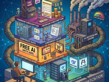 IMAGE: A tiered structure of how AI is monetized. At the bottom, a user works at a computer, connected to several levels stacked above. The levels represent different payment models: a green "AD-SUPPORTED LAYER," a brown "SUBSCRIPTION & PREMIUM" tier with an arcade-style "PRO MODE" cabinet, and a blue "CORPORATE & ENTERPRISE" section with data servers. Pipes and cables connect these tiers to a large, complex "AI INFERENCING ENGINE" on the right, which looks like a factory with smoking chimneys and a power gauge. Various small robots operate the systems and move money bags