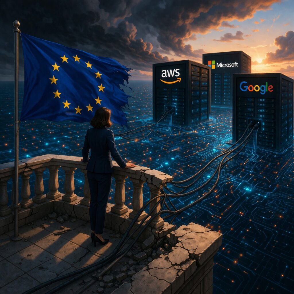 IMAGE: A woman stands on a crumbling balcony with an EU flag, looking at distant cloud data centers owned by major tech companies, connected by cables across a glowing digital landscape 