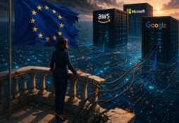 IMAGE: A woman stands on a crumbling balcony with an EU flag, looking at distant cloud data centers owned by major tech companies, connected by cables across a glowing digital landscape