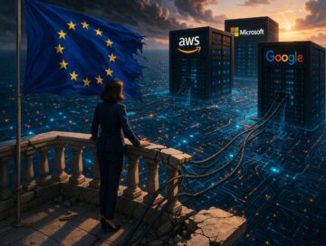 IMAGE: A woman stands on a crumbling balcony with an EU flag, looking at distant cloud data centers owned by major tech companies, connected by cables across a glowing digital landscape