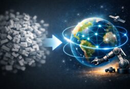 IMAGE: A square digital illustration showing a blurred cloud of floating letters on the left transforming, through a bright arrow, into a detailed globe on the right surrounded by network lines, a robotic arm, a satellite, and a small autonomous vehicle—symbolizing the shift from language-based AI to world-simulating models