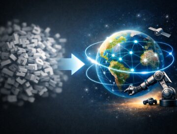 IMAGE: A square digital illustration showing a blurred cloud of floating letters on the left transforming, through a bright arrow, into a detailed globe on the right surrounded by network lines, a robotic arm, a satellite, and a small autonomous vehicle—symbolizing the shift from language-based AI to world-simulating models