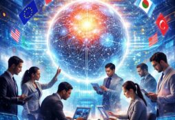 IMAGE: An international group of scientists and engineers collaborating around a glowing digital globe representing a shared artificial intelligence, surrounded by floating national flags and futuristic data interfaces