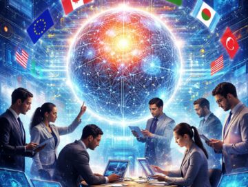 IMAGE: An international group of scientists and engineers collaborating around a glowing digital globe representing a shared artificial intelligence, surrounded by floating national flags and futuristic data interfaces