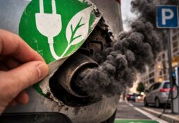 IMAGE: A hand peels off a green eco sticker from the back of a car, revealing a dirty exhaust pipe emitting thick black smoke in a city street setting